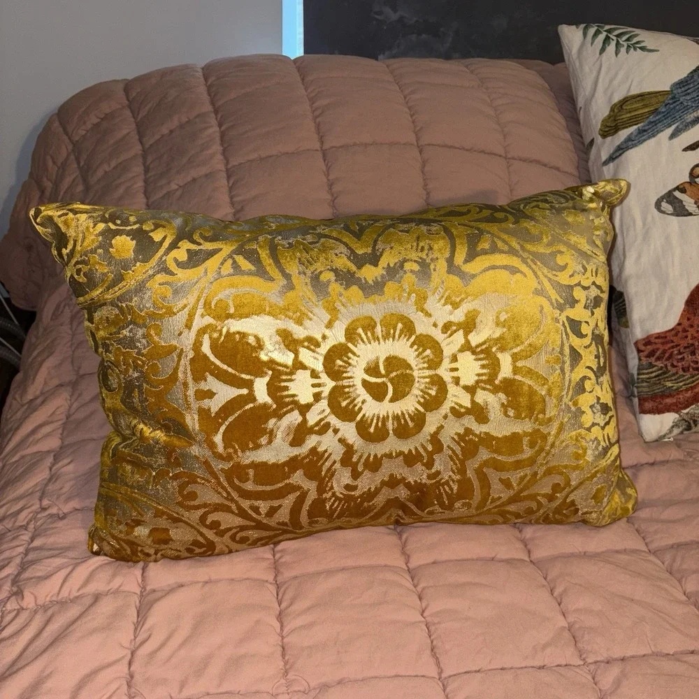 Mustard Yellow Velvet Embossed Lumbar Luxury Pillow